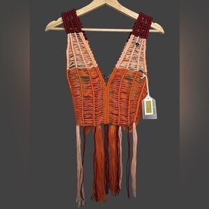 Oropendola FP Macrame Women’s Top Fringe Sleeveless V Neck Statement Piece Small